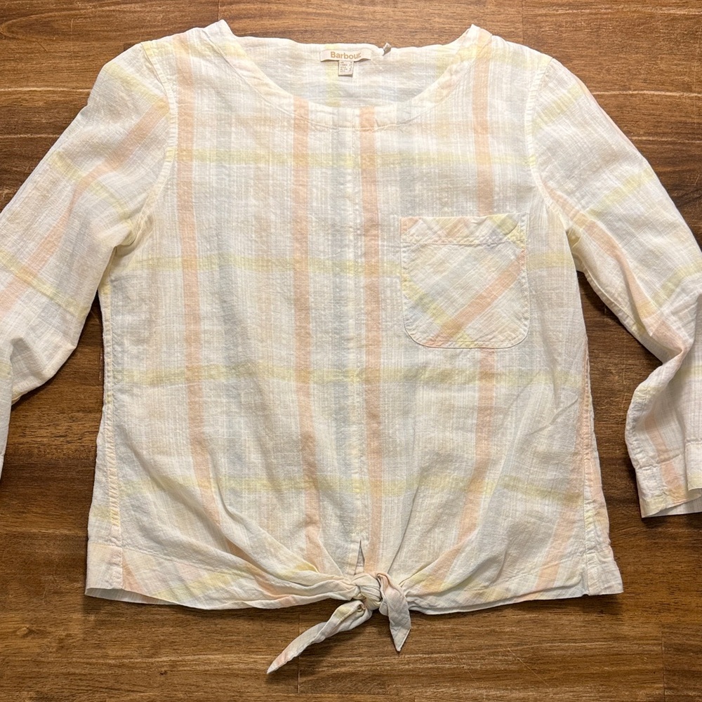 Barbour Pastel Plaid Tie-Front Women's Top - White, Peach, Yellow